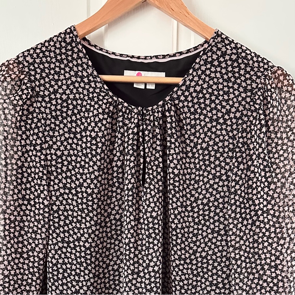 BODEN Black Pink Ditsy Floral Chiffon Long Sleeve A-line Midi Dress Size 10L - Picture 2 of 10